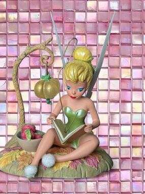 Tinker Bell Figurine Reading on Floral Base - Green Dress